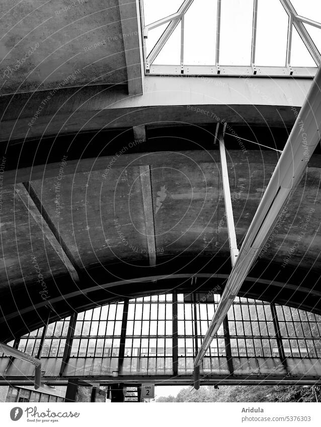Frog perspective | subway station track 2 Underground Train station convex Roof passage Concrete Lighting Worm's-eye view Town Window Hamburg Skylight Arch