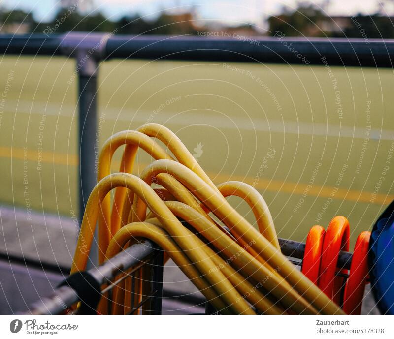 Yellow and red shapes and hoses in front of a sports field Red Sports Sporting grounds Green Water soak Cast lack of water water scarcity