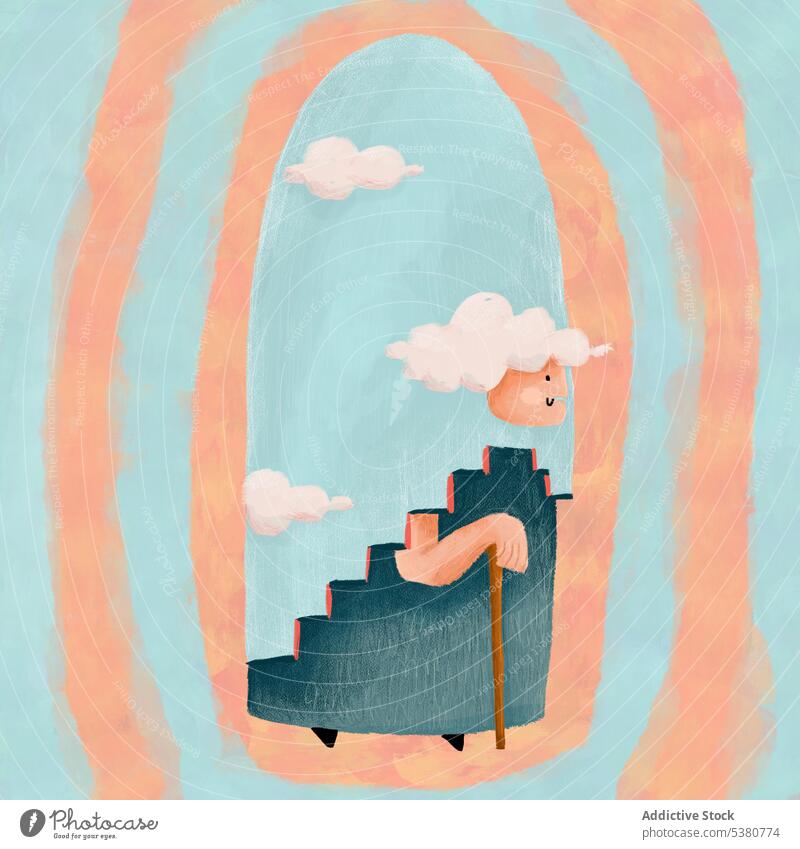 Illustration of elderly woman and stairs with stick illustration ladder step creative concept staircase style female senior art abstract modern aged color