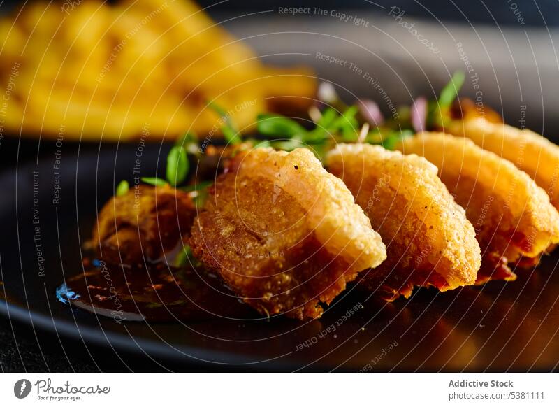 Appetizing breaded meat garnished with sauce snack tradition food photography scrumptious fried mushroom fat portion herb cookery delicious appetizing