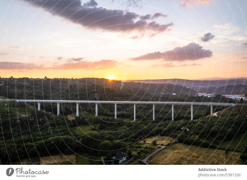 Majestic view of road bridge passing in forest picturesque highway sunset valley roadway engineering construction infrastructure elevate concrete scenery