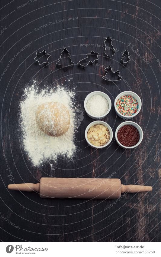 Cookie Setup Food Dough Baked goods Feasts & Celebrations Christmas & Advent White Rolling pin Bowl Granules Table Wood Colour photo Interior shot Studio shot