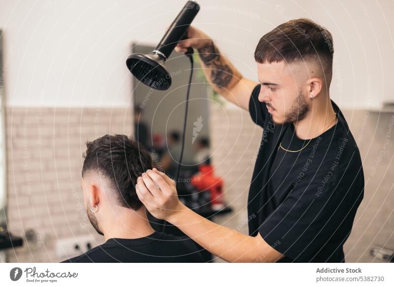 Young barber combing hair in barbershop adult beard beauty business care casual attire caucasian client coiffure dryer face fashion grooming hair care haircut
