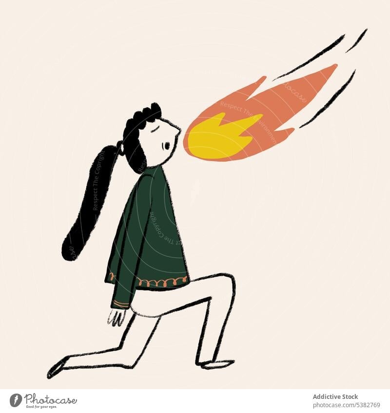 Drawing of girl blowing fire drawing creative illustration simple character flame imagination element color inspiration hot art bright design style burn fantasy