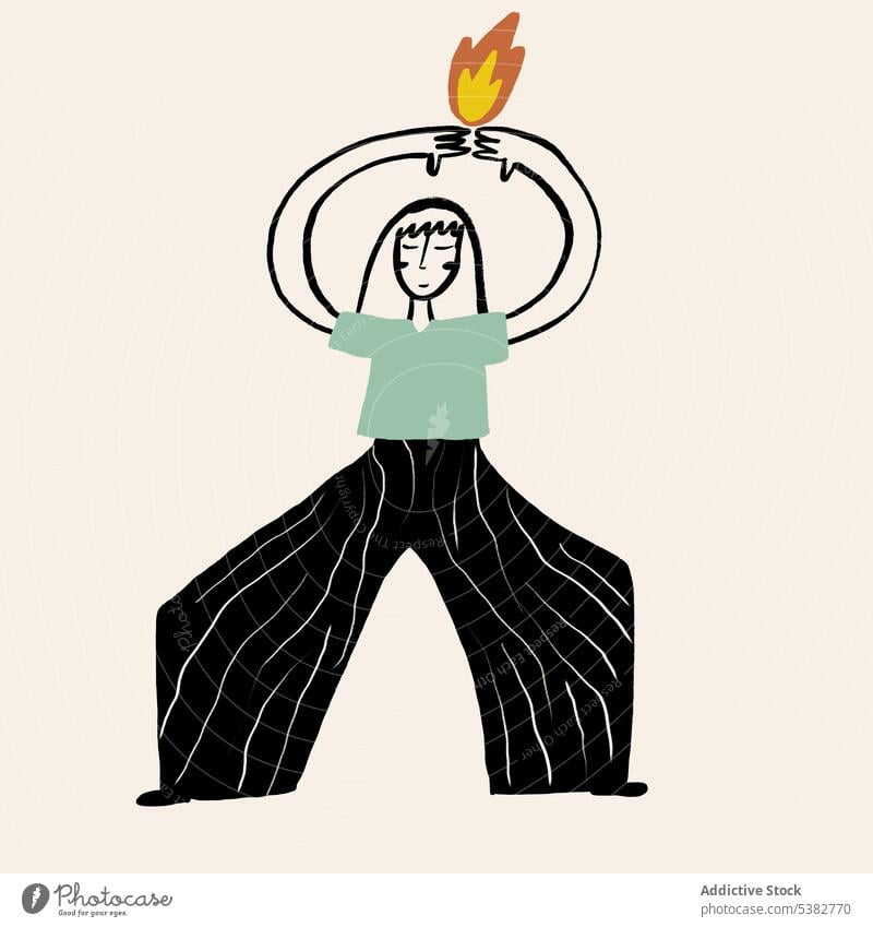Drawing of woman meditating with raised hands and fire sportswoman meditate yoga drawing arms raised calm zen practice asana energy element template character