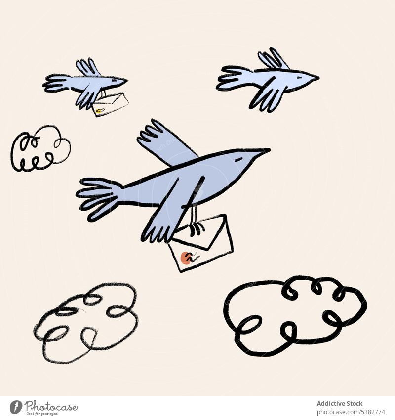 Cute image of birds with letters envelope fly carry messenger cartoon picture illustration linear creative minimal poster simple inspiration avian fantasy