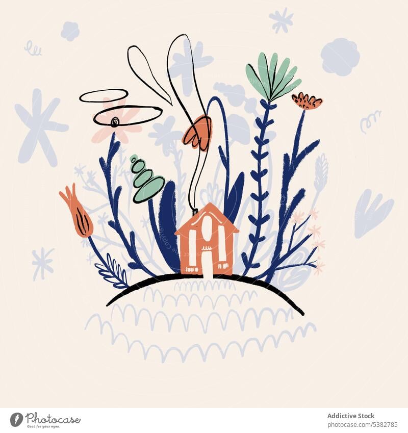Abstract illustration of house in plants surreal creative art graphic cartoon drawing flora simple design vegetate nature minimal natural concept character