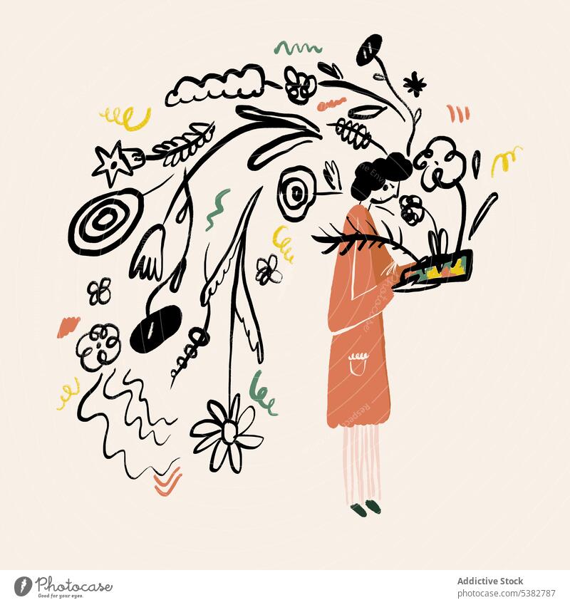 Creative drawing of woman opening present box surprise concept flower picture cartoon event illustration character simple image design linear receive flat style