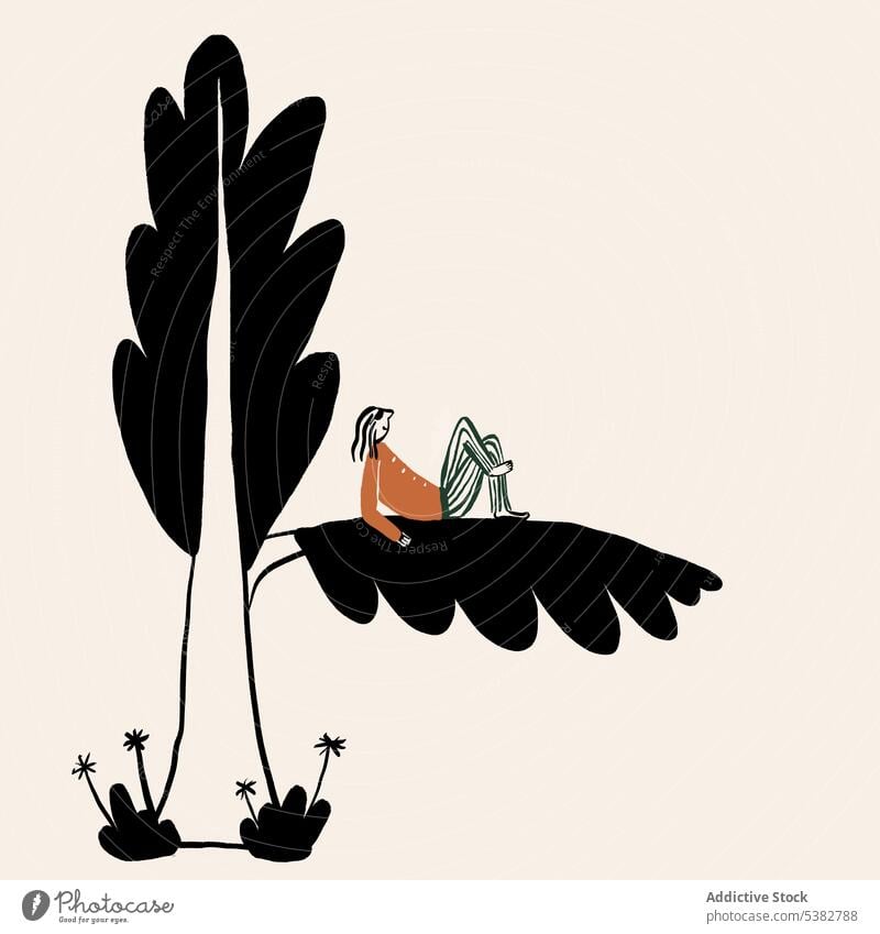 Drawing of person chilling on tree branch lounge drawing cartoon character design illustration ink recreation flat style graphic creative artwork poster dream