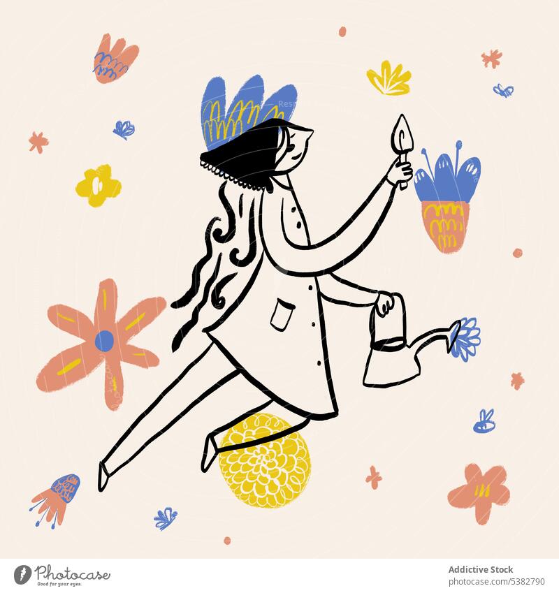 Drawing of dreamy gardener flying in air woman drawing flower art cartoon watering can creative illustration cultivate template inspiration plant bright