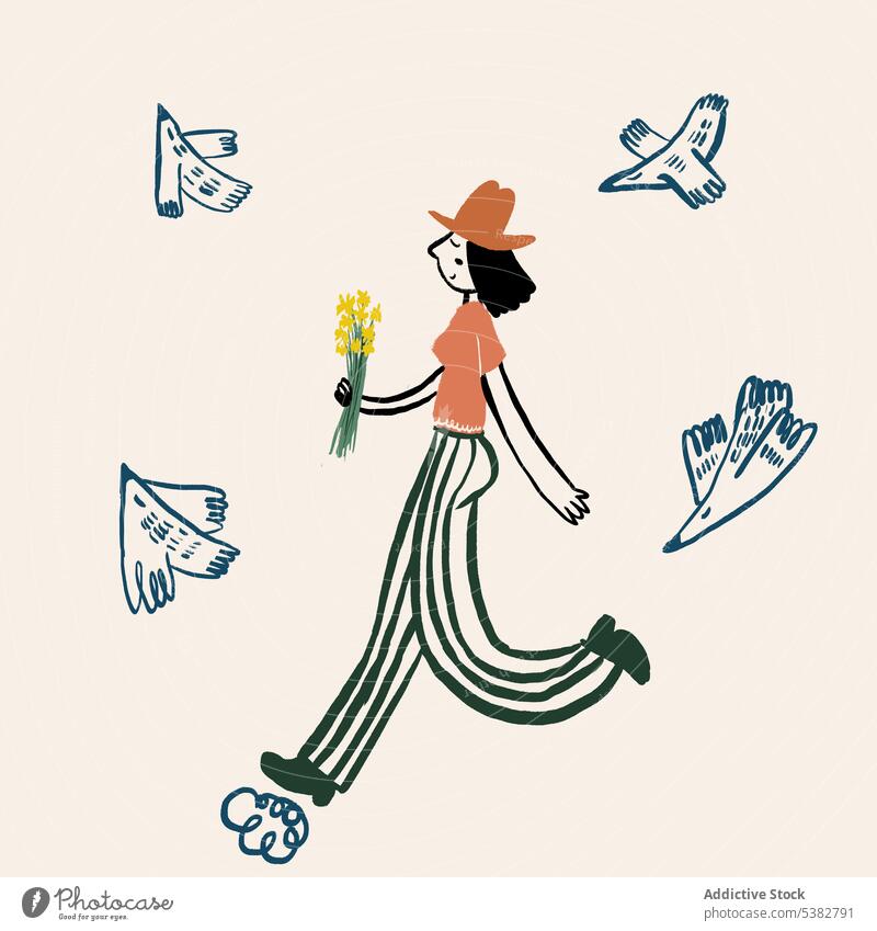Illustration of dreamy woman with flowers among bird walk fly style content creative art flat style drawing inspiration design positive freedom bloom picture