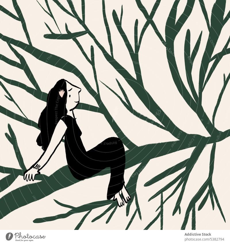 Illustration of dreaming woman sitting on tree branch drawing illustration daydream tranquil inspiration simple cartoon pensive twig environment dreamy clip