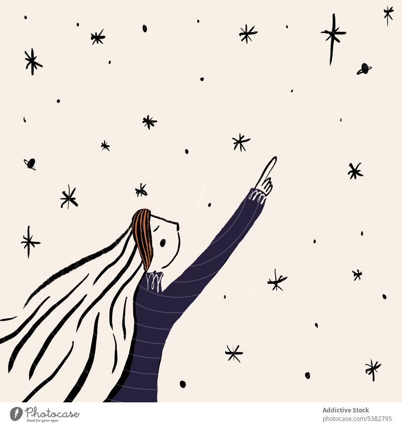 Drawing of woman pointing at star in sky show imagination point up image illuminate illustration indicate simple minimal creative concept design clip imagine
