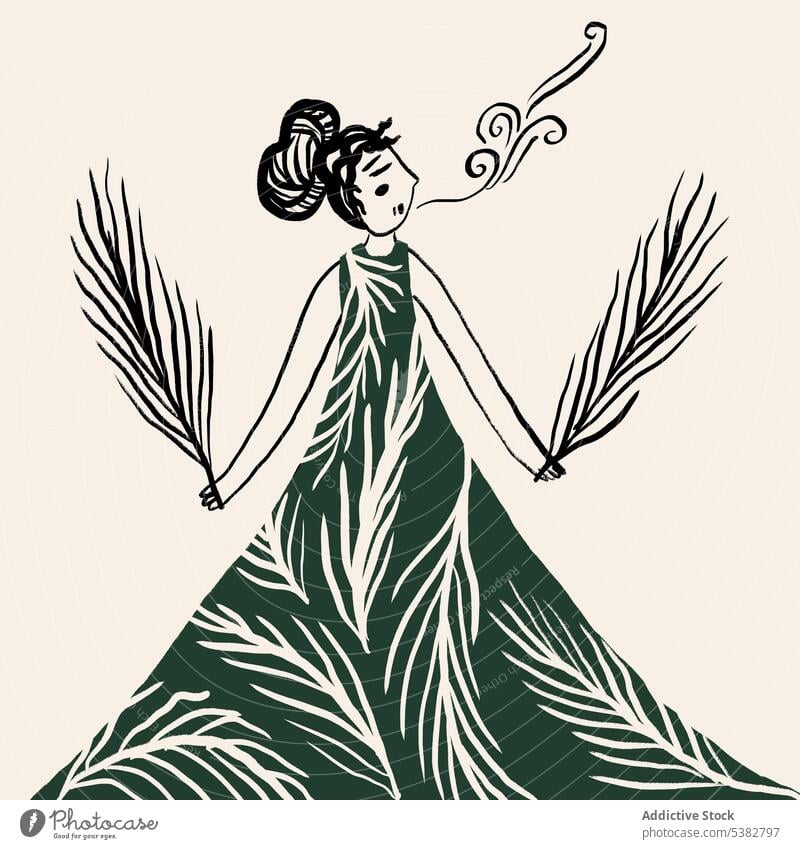 Simple drawing of woman with branches and smoke art leaf plant creative picture imagination design character fantasy dress inspiration summer exotic linear