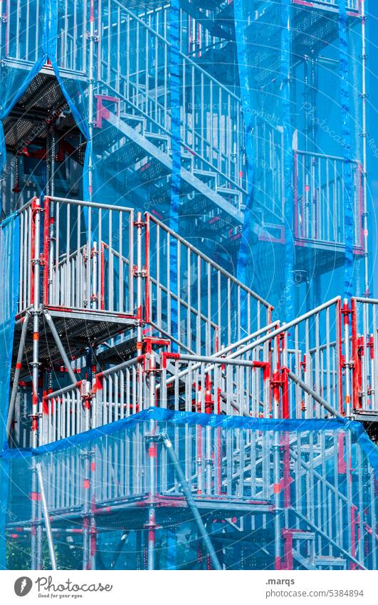 Temporary staircase Red Gray Blue Banister Stairs Construction site Scaffold Problem solving Irritation Chaos Exceptional Structures and shapes makeshift