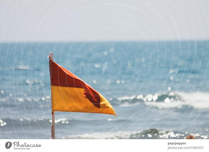 Red-yellow flag on the mast signals a guarded beach section Red and yellow flag Flag Beach Bathing beach Blow Ocean Seashore seaboard Water Waves Swell Yellow