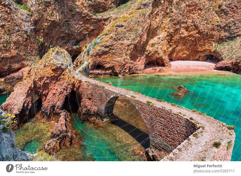 Detail of the road and arched bridge that gives access to the Berlengas fortress, Portugal. way berlenga islands portugal st. john the baptist peniche runway