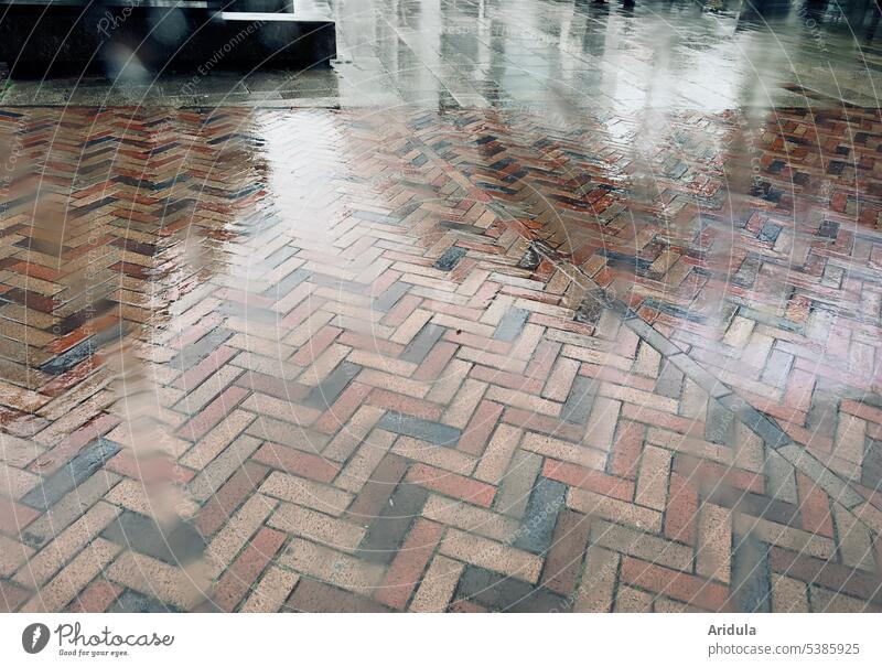 Colorful cobblestone pattern in the rain Rain Paving stone Pattern Brown tones Reflection Wet Puddle Water reflection Weather Exterior shot Rainy weather
