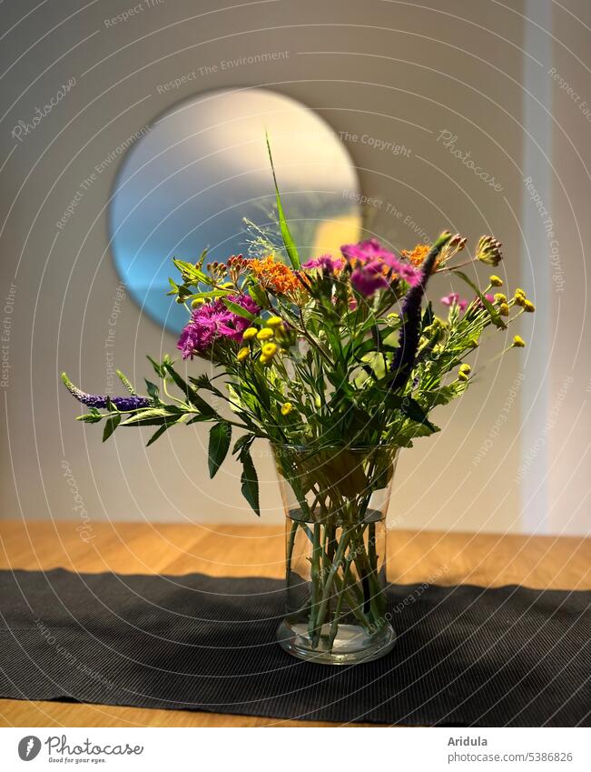 Colorful bouquet of flowers on the dining table Bouquet Flower Blossom garden flowers Dinner table Vase Table Wooden table variegated Mirror Wall (building)