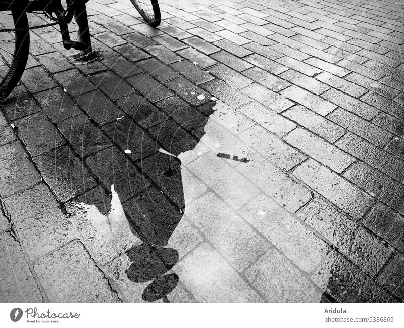 Reflection in a puddle on paving stones b/w Puddle Water Rain reflection Paving stone Pedestrian precinct Wet Street Weather Rainy weather Lanes & trails
