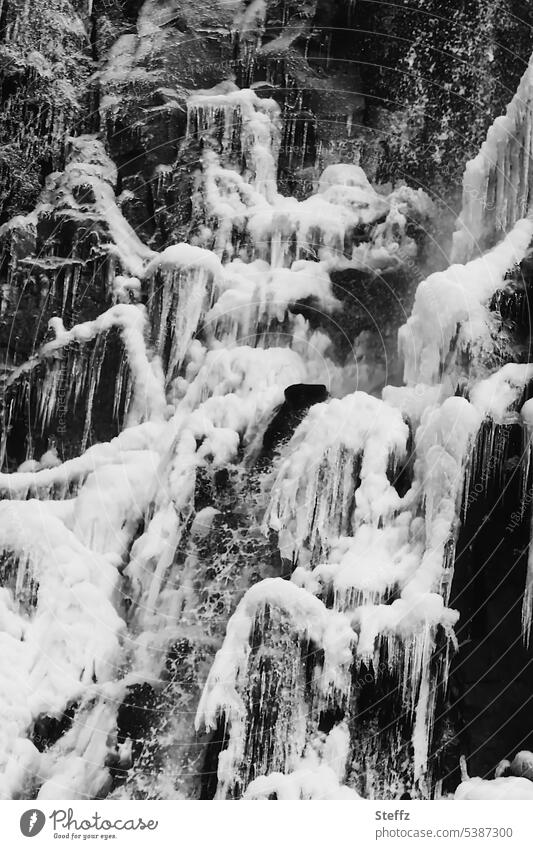 Waterfall with ice forms in Iceland East Iceland Ice molds quick-frozen Icicle icily Frost Frozen Cold freezing cold chill Freezing Freeze White iced shape