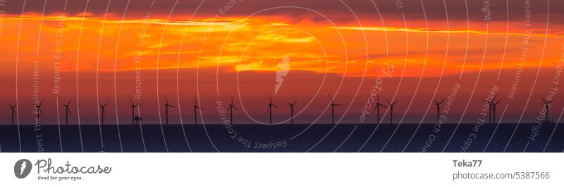 Water-Wind-Power North Sea Pinwheel Wind turbine panorama Waves Sunset winpark green energy Energy stream
