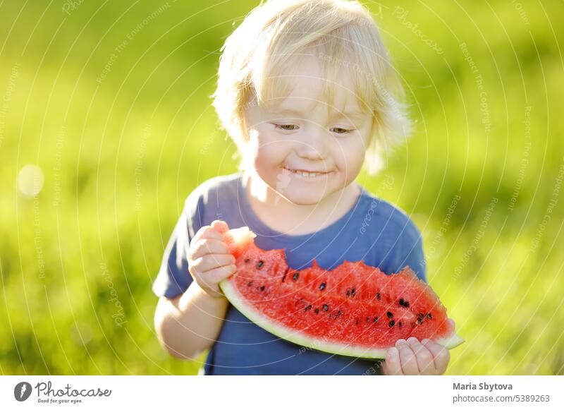 Cute caucasian little boy with blond hairs eating fresh watermelon outdoors child food enjoy people summer nature girl white fruit happy garden green kid red