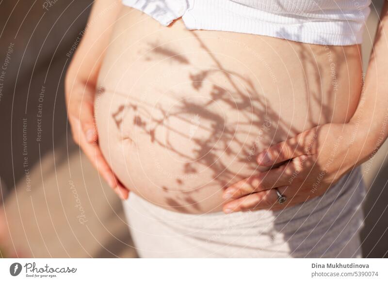 Pregnant belly with floral shadows. Beautiful pregnancy. Young woman tenderly hugging her pregnant belly. parent wallpaper diet natural lifestyle shape light