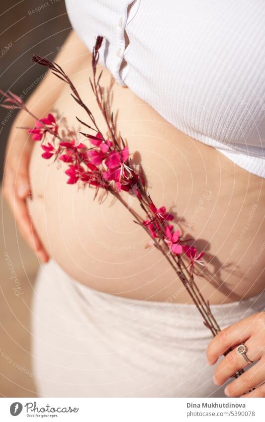 Pregnant belly with pink flowers close up. Beautiful pregnancy. Young woman tenderly hugging her pregnant belly. parent wallpaper diet natural lifestyle shape