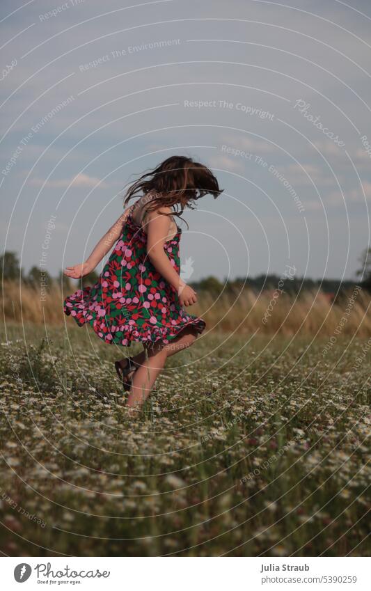 fly like the wind Girl Dress Dance Rotate Flying Flower meadow Summer midsummer Chamomile Blossom Camomile blossom Clouds Sky Infancy Freedom out being out