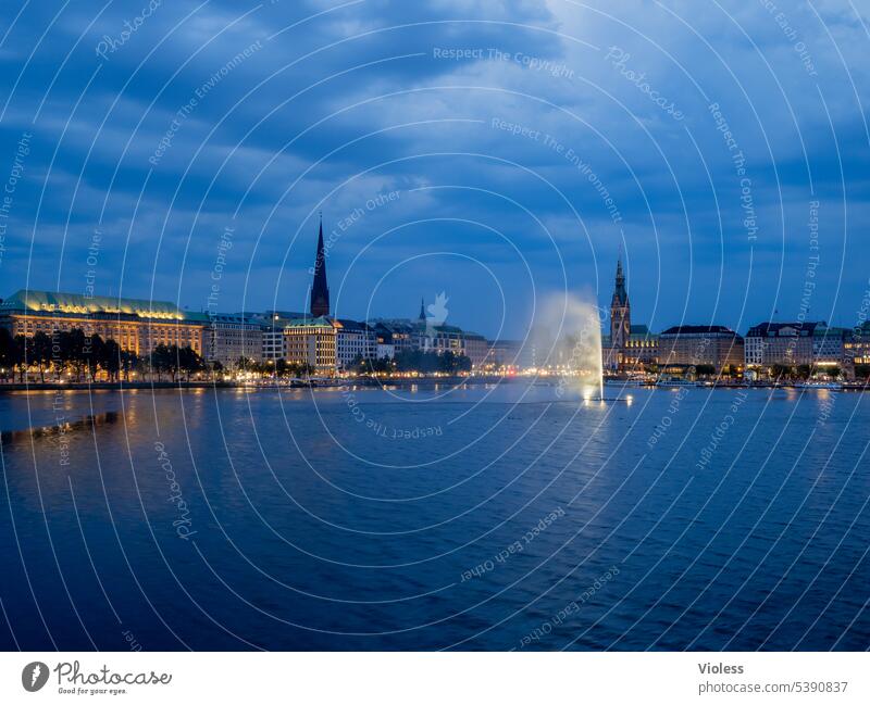 blue Hamburg - Alster fountain City hall Alster Fountain blue hour Clouds