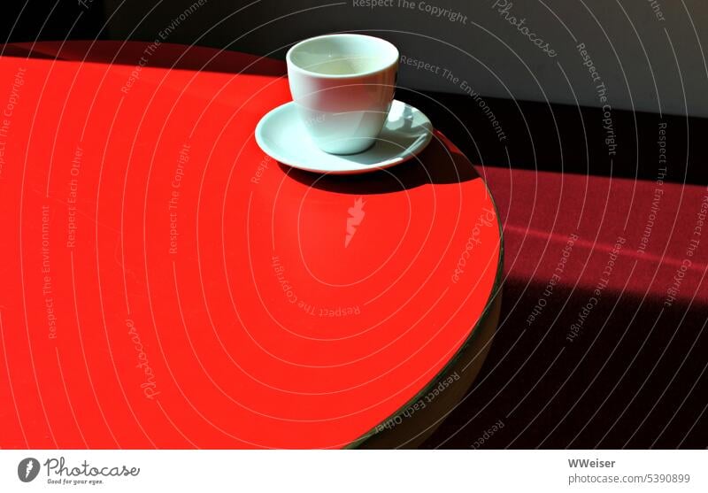 I see red: Someone has finished my coffee Coffee Cup Red Table Round Empty drunk up Cappuccino Espresso Beverage Italian Shadow Light Tavern Café Hot Drinking