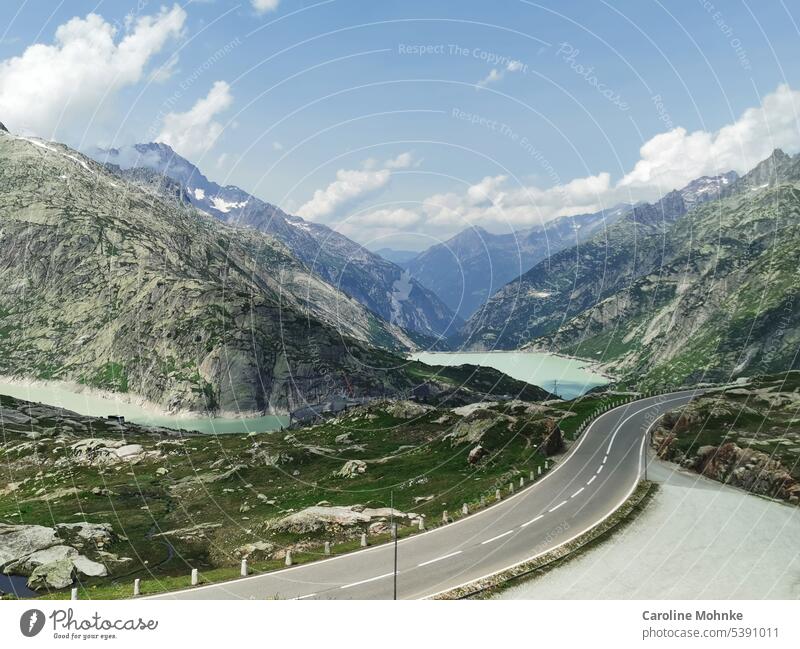 Grimsel pass road with reservoir in the background Grimsel Pass Street Mountain Nature Landscape Vacation & Travel Exterior shot Alps Tourism Hiking