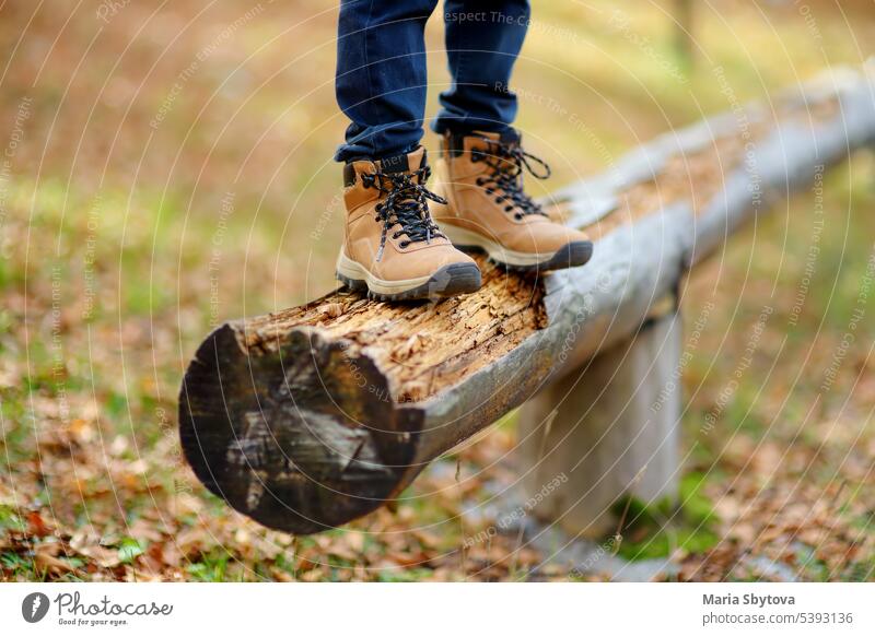 Close up view of child legs in hiking boots. Preteen boy having fun on a log during walk in the forest on a sunny autumn day. Active family time on nature. hike