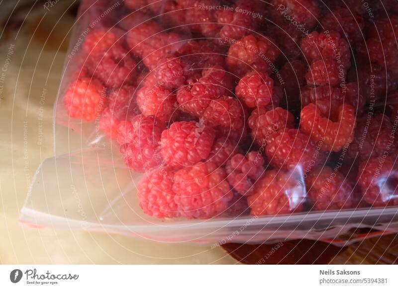 raspberries in a plastic bag background berry blanks close delicious diet ecological energy fastener freezer fridge frozen fruit healthy heap minerals nobody