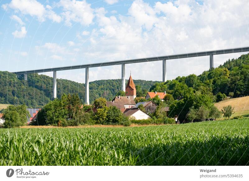 Highway with bridge over church Geislingen European bridge Church Landscape Country life Infrastructure Transport