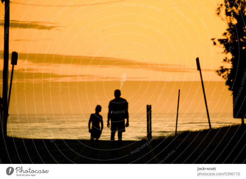 Morning light for father and son morning light Sunlight Man Boy (child) Sunrise Dawn Silhouette Back-light Romance Warmth Vacation & Travel Relaxation Summer