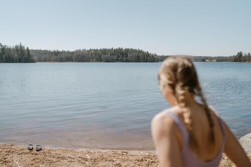 Ice bathing on Lake Sweden Lakeside shallow lake Beach shoes plaited hair be afloat cooling swim in the lake sweden-landscape