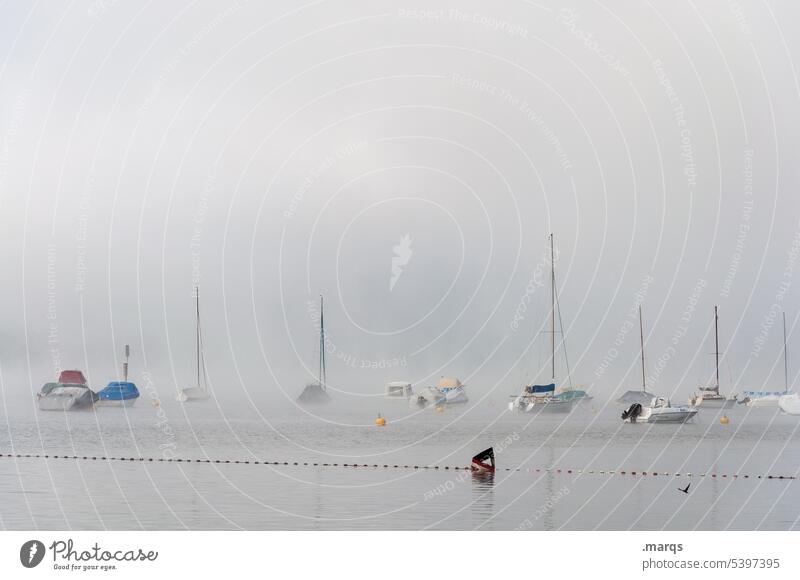 parking space Lake Fog Morning fog in the morning boat Sailboat Bright White morning mood Idyll Calm Relaxation Leisure and hobbies Environment Weather