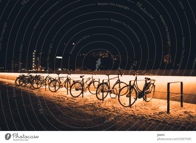 Bikes lined up in winter Bicycle Bicycle rack Humboldt Forum Winter Dark Night Berlin Capital city Illuminate Lighting Downtown Evening bicycles Side by side