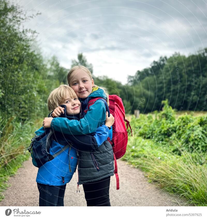 brotherly love children hug Boy (child) Girl Brothers and sisters Looking into the camera Smiling Sister out Hiking Backpack Vacation & Travel Infancy Happy