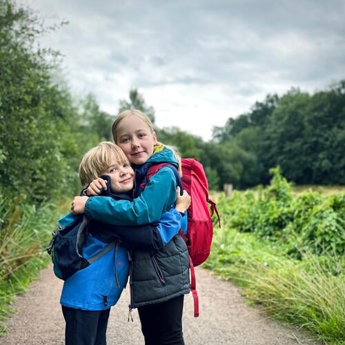 brotherly love children hug Boy (child) Girl Brothers and sisters Looking into the camera Smiling Sister out Hiking Backpack Vacation & Travel Infancy Happy