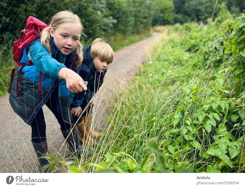 Enduring | Observing nature children Child Girl Boy (child) Indicate Fingers Observe Nature Hiking hike search Marvel Study Infancy outside off Meadow Rain