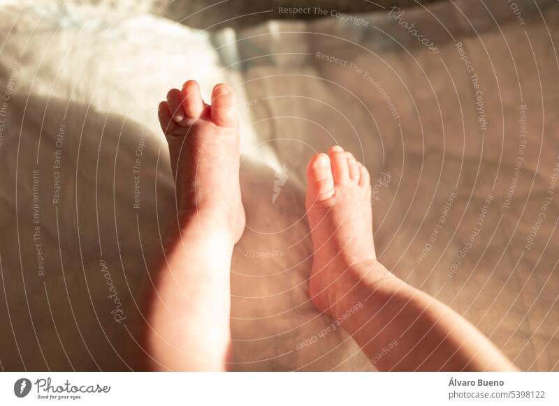 The tiny legs and feet of a premature newborn baby, seen subjectively, as they move in the warm air of home view little feet little fingers tenderness at home