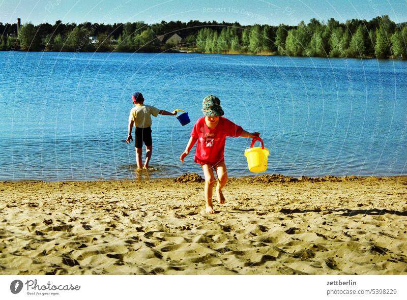 Children, Lake, Holiday, Vacation, Sand, beach children Pond Swimming lake Bathing place Beach game Playing Bucket dig Water Surface of water bank Forest