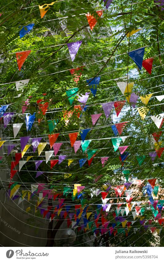 Colorful garlands on a street party in Barcelona Decoration embellish Festive Feasts & Celebrations Public Holiday Vacation & Travel Colour Party cheerful