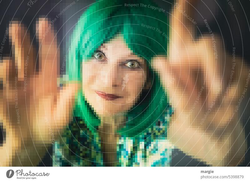 An expectant woman with raised index finger! Pixelated Woman portrait Face Human being Looking Feminine green hair hands Forefinger pixels pixelart Adults