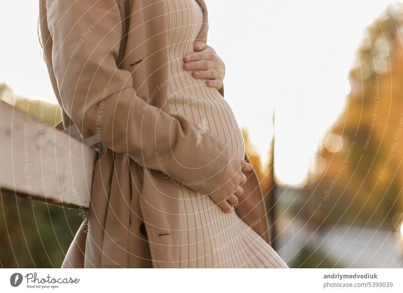 Cropped photo of pregnant woman holds hands on belly in the autumn park. Young woman in maternity warm dress and coat waiting for baby birth. Pregnancy, motherhood, mothers day. Happy pregnancy.