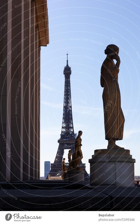 Gold Sculptures on Trocadero with Eiffel Tower on background, Paris statue sculpture city travel art famous place france chaillot outdoors architecture europe
