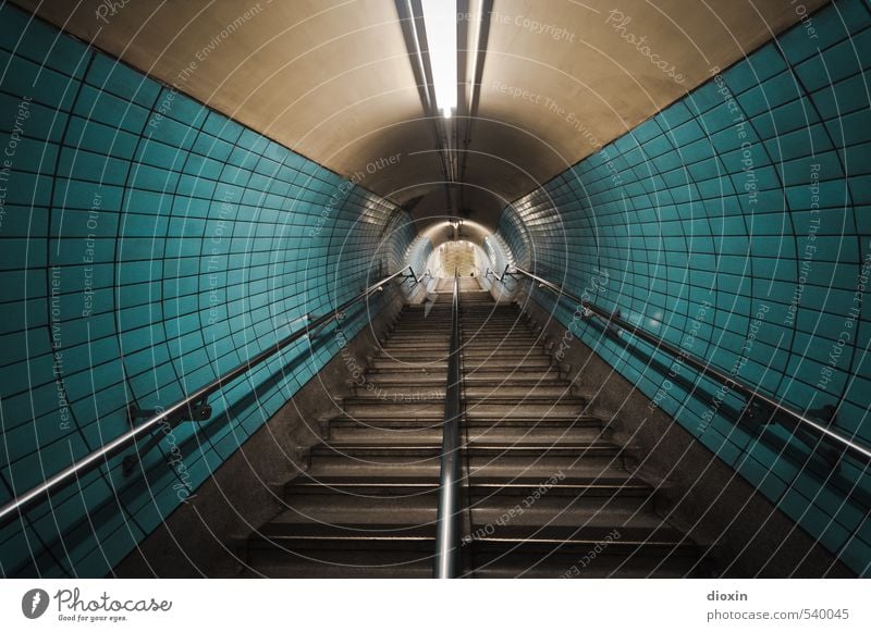 look down the tube Capital city Downtown Deserted Tunnel Manmade structures Architecture Wall (barrier) Wall (building) Stairs Banister Tile Neon light